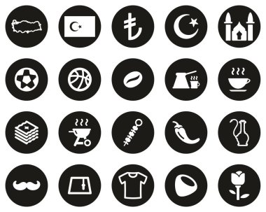 Türkiye Cumhuriyeti Ülke ve Kültür Simgesi Siyah Düz Tasarım Çemberi Üzerinde Beyaz İkondu