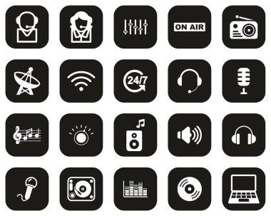 Radyo İstasyonu ve Radyo Ekipmanları Simgeleri Siyah Düz Tasarım Üzerine Beyaz Ayar Büyük