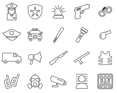 Polis veya Polis Teşkilatı Simgeleri Siyah & Beyaz Çizgi Büyük Ayarlandı