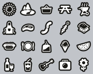 Piknik ya da Barbekü Simgeleri Siyah Etikette Beyaz Büyük Ayarlı