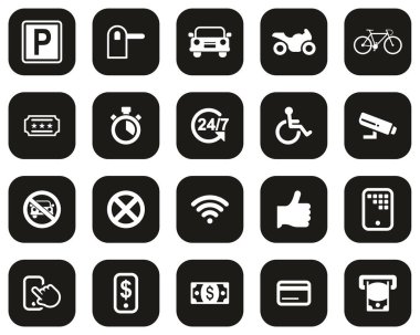 Parking Or Parking Lot Icons White On Black Flat Design Set Big