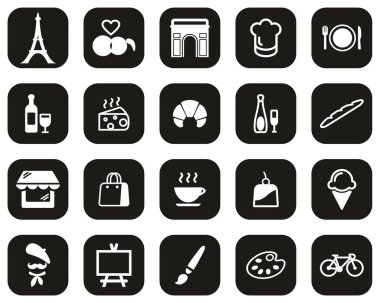 Paris City & Culture Icons White On Black Flat Design Set Big