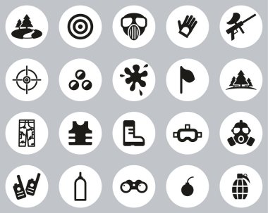 Paintball Game & Paintball Equipment Icons Black & White Flat Design Circle Set Big