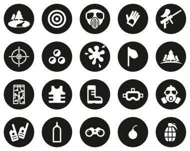 Paintball Game & Paintball Equipment Icons White On Black Flat Design Circle Set Big