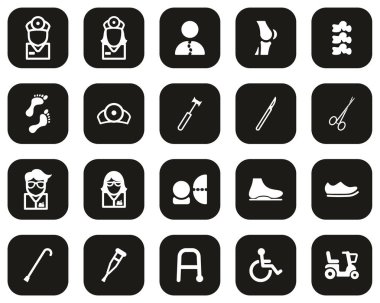 Ortopedik Sınav & Ortopedik Ekipman Simgeleri Siyah Düz Dizayn Üzerine Beyaz Simge Büyük Ayarlı