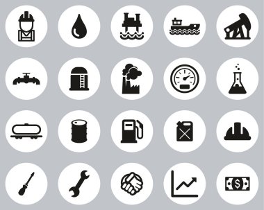 Petrol Endüstrisi veya Offshore Petrol Platformu Simgeleri Siyah & Beyaz Düz Tasarım Çemberi Büyük Ayarlandı