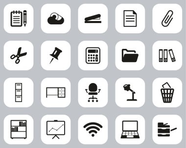 Ofis Malzemeleri Simgeleri Siyah & Beyaz Düz Tasarım Büyük Ayarlandı