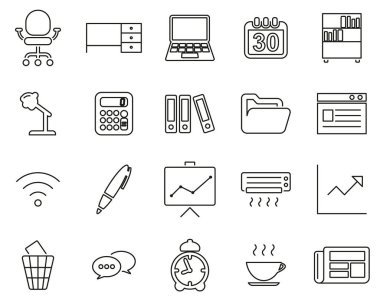 Ofis & Ofis Malzemeleri Simgeleri Siyah & Beyaz İnce Satır Büyük Ayarlandı