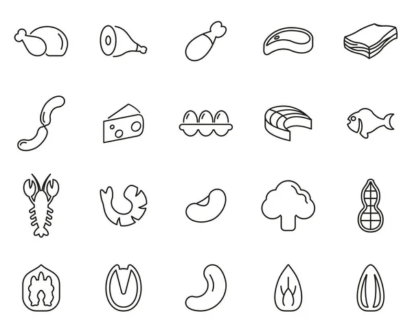 Protein Food Icons Black White Thin Line Set Groß — Stockvektor