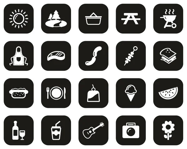 Picnic Barbecue Icons White Black Flat Design Set Big - Stok Vektor