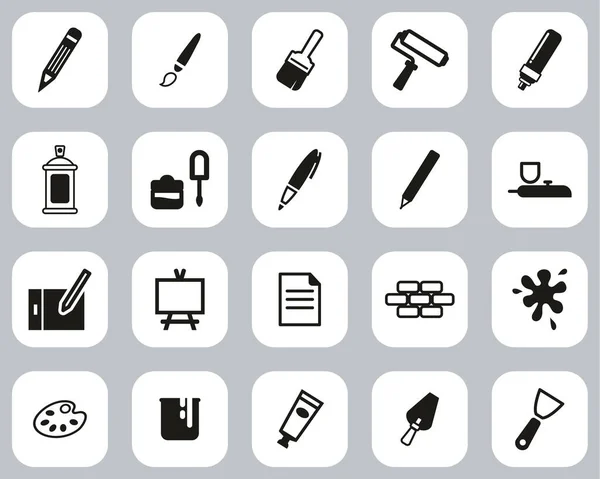 Pintura Arte Equipo Iconos Blanco Negro Diseño Plano Conjunto Grande — Vector de stock