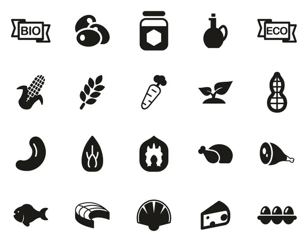 Iconos Alimentos Ecológicos Blanco Negro Set Grande — Archivo Imágenes Vectoriales