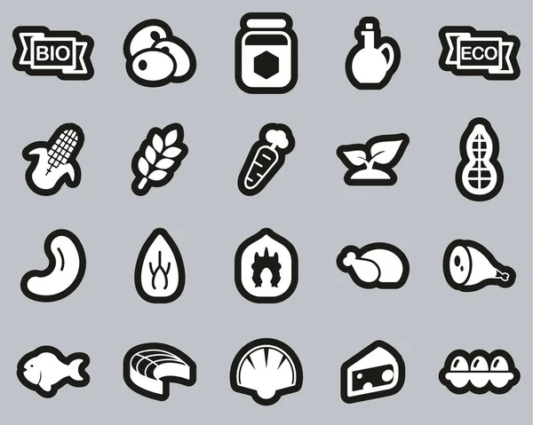 Organic Food Icons White Black Sticker Set Big — Διανυσματικό Αρχείο