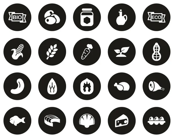 Organic Food Icons White Black Flat Design Circle Set Big — Stock vektor