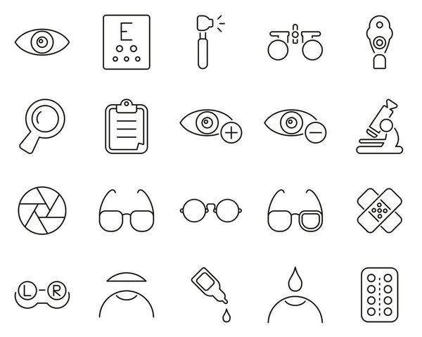 Optometry Exam & Optometry Equipment Icons Black & White Thin Line Set Big
