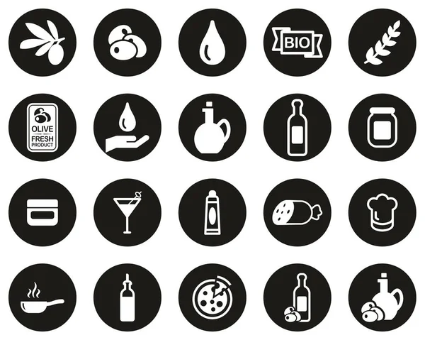 Iconos Aceite Oliva Oliva Blanco Negro Diseño Plano Círculo Conjunto — Vector de stock