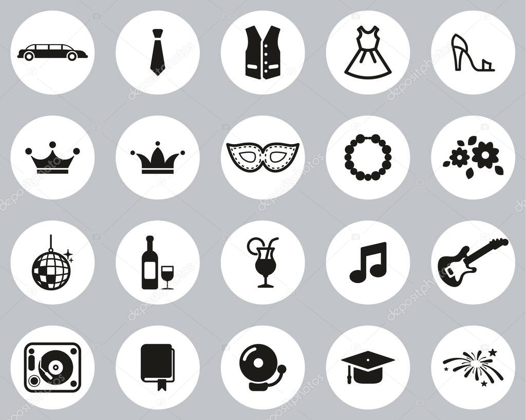 Prom Night Icons Black & White Flat Design Circle Set Big