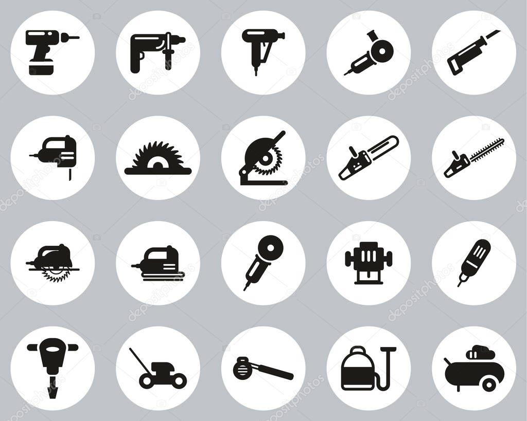 Power Tools Icons Black & White Flat Design Circle Set Big