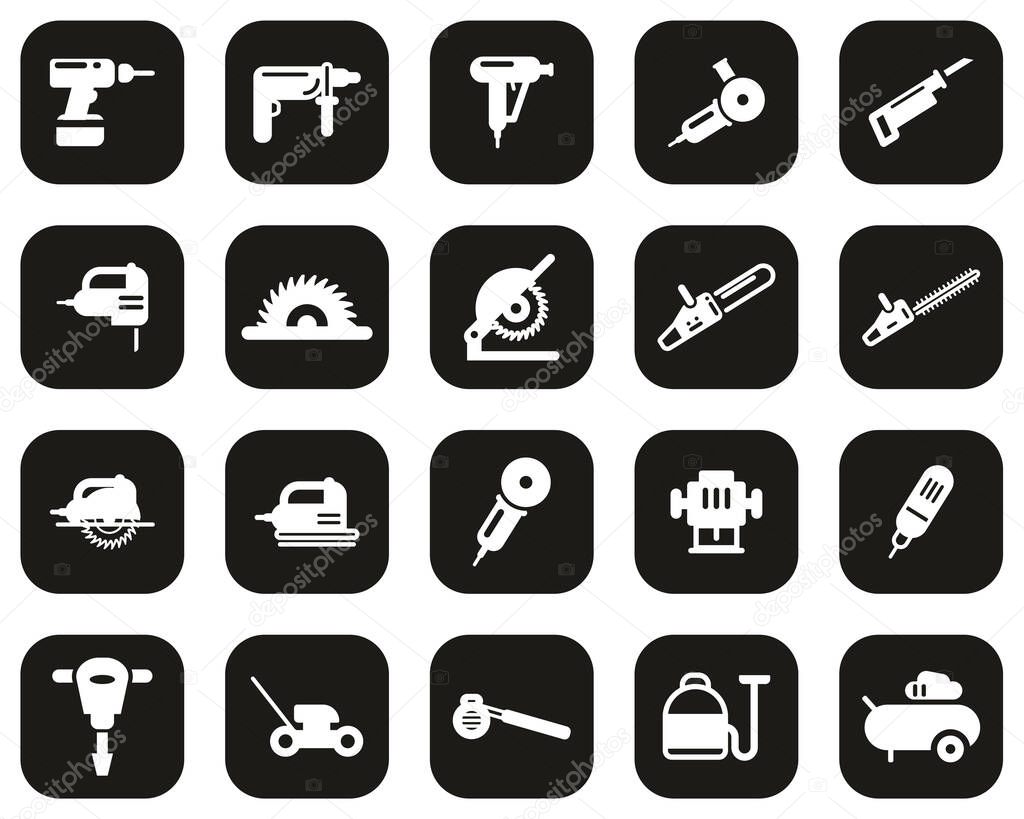 Power Tools Icons White On Black Flat Design Set Big