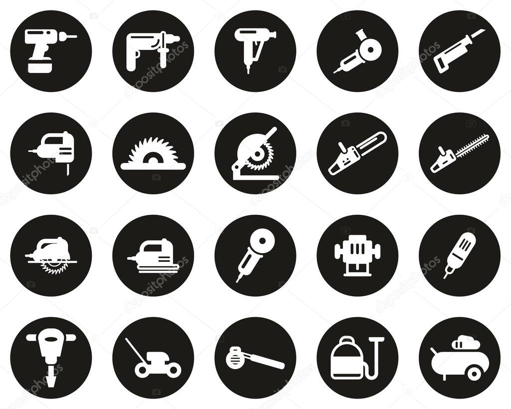 Power Tools Icons White On Black Flat Design Circle Set Big