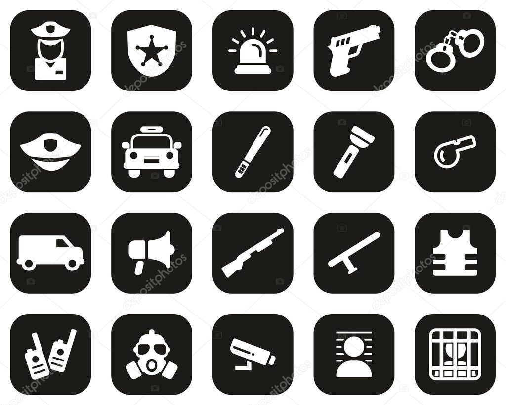 Police Or Police Force Icons White On Black Flat Design Set Big