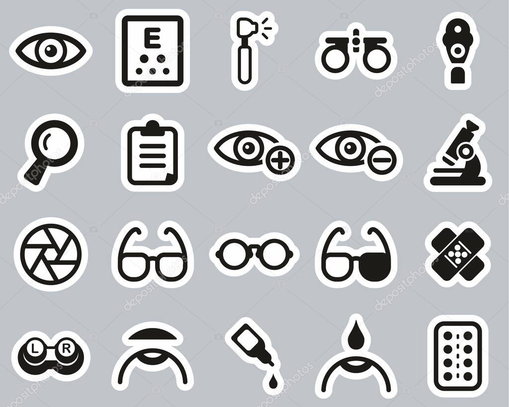 Optometry Exam & Optometry Equipment Icons Black & White Sticker Set Big