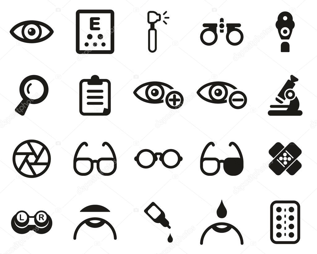 Optometry Exam & Optometry Equipment Icons Black & White Set Big