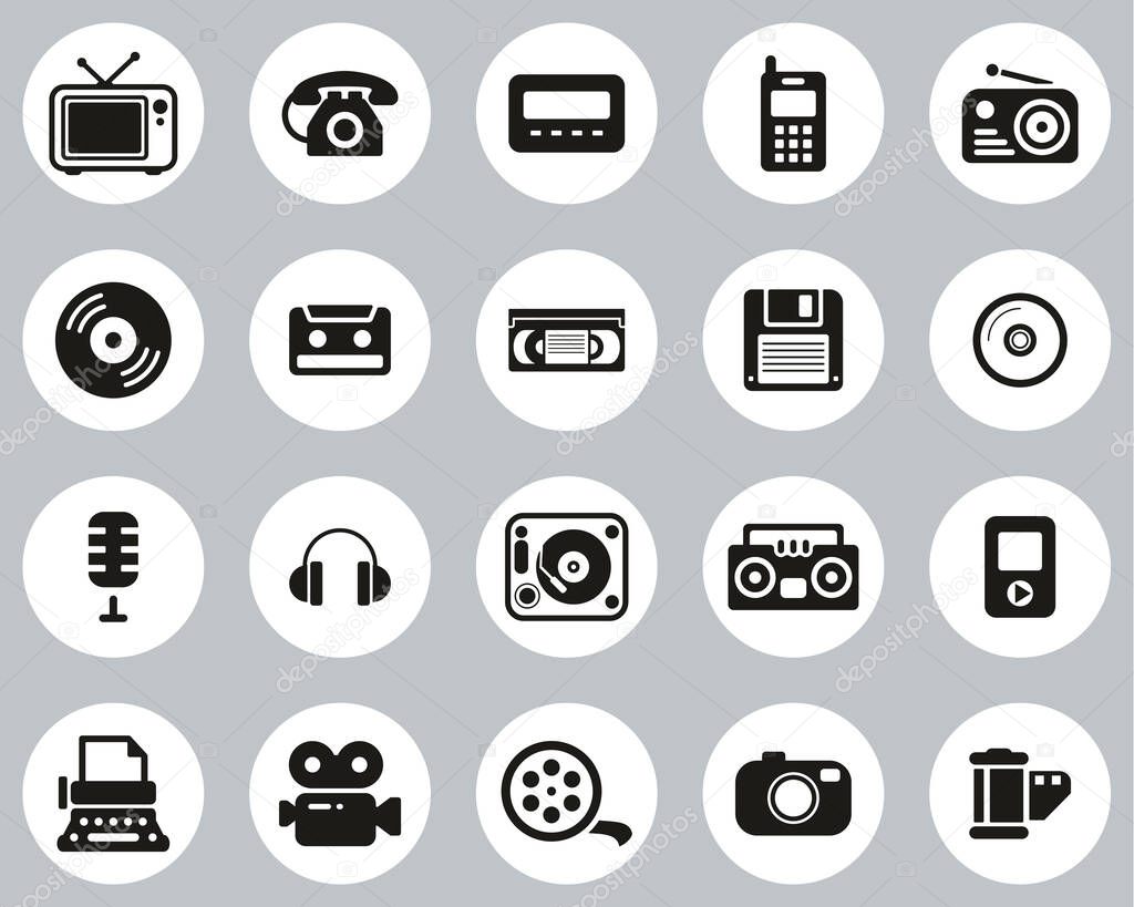 Old Technology Icons Black & White Flat Design Circle Set Big