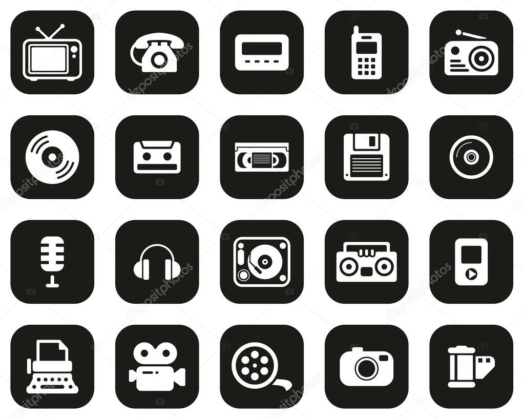 Old Technology Icons White On Black Flat Design Set Big