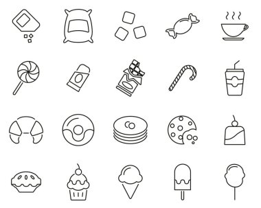 Şeker veya Şeker ve İçecek Simgeleri Siyah & Beyaz İnce Çizgi Büyük Ayarlandı