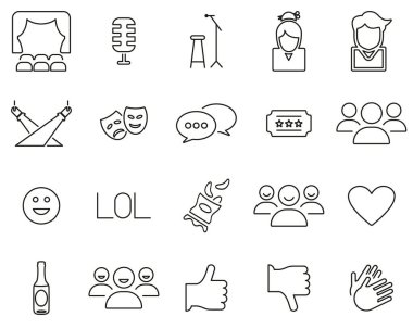 Stand Up Komedisi veya Stand Up Show Simgeleri Siyah & Beyaz İnce Çizgi Büyük Ayarla