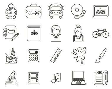 Okul veya Eğitim Simgeleri Siyah & Beyaz İnce Çizgi Büyük Ayarlandı