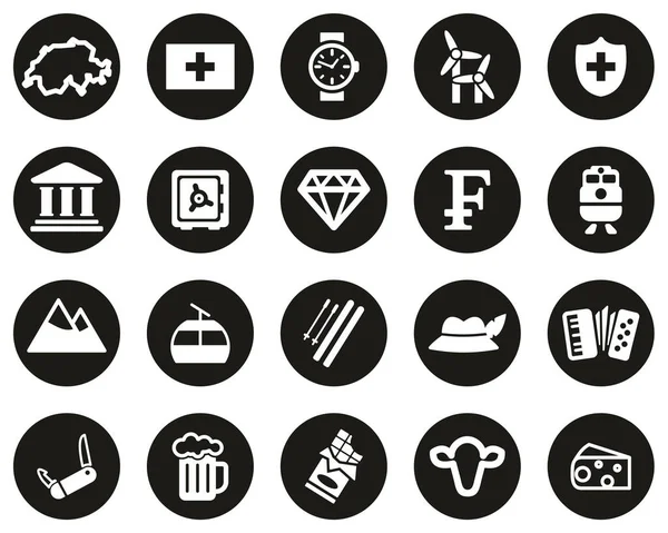 Swiss Country Culture Icons White Black Flat Design Circle Set — стоковий вектор