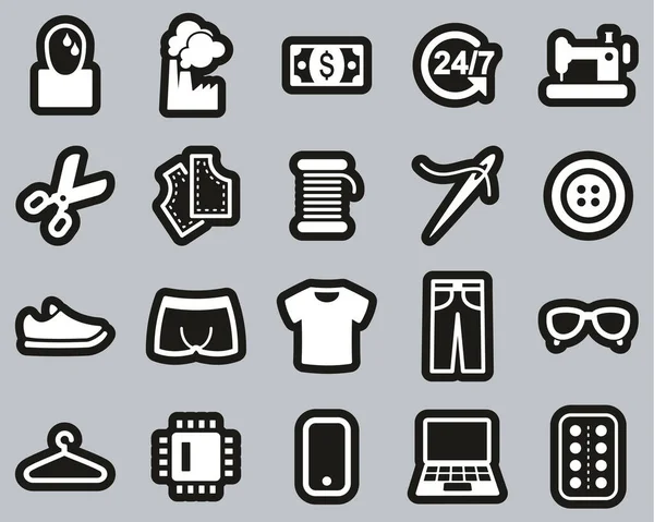 Sweatshop Factory Icons White Black Sticker Set Big — Stock Vector