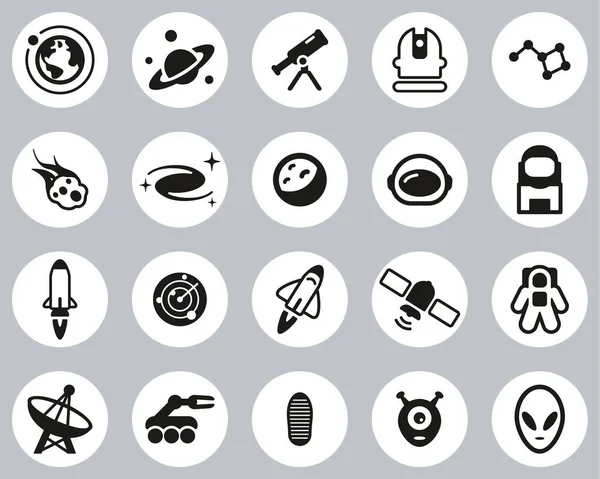 Iconos Misión Espacial Espacial Conjunto Círculos Diseño Plano Blanco Negro — Vector de stock