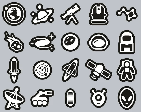 Space Space Mission Icons White Black Sticker Set Big — стоковый вектор