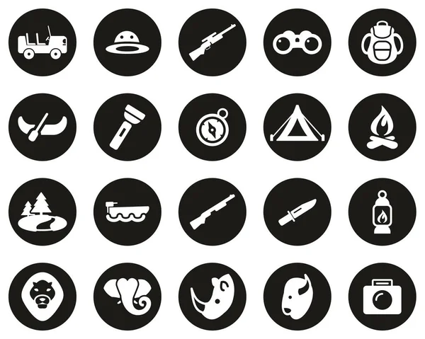 Safari Iconos Caza Blanco Negro Plano Diseño Círculo Conjunto Grande — Vector de stock