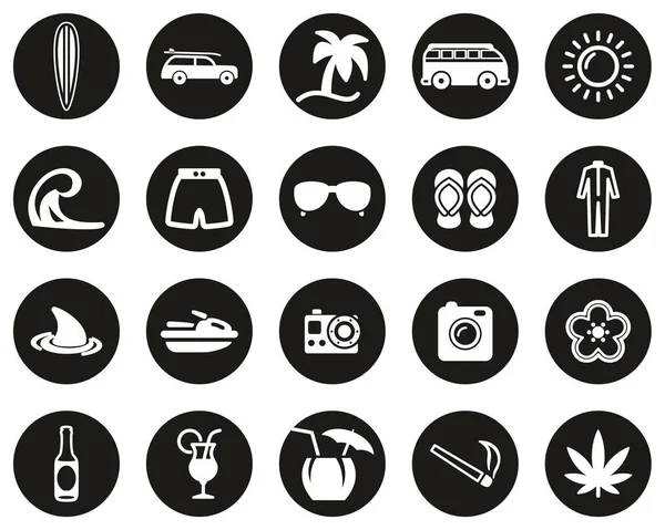 Surfing Sport & Lifestyle Icons White On Black Flat Design Circle Set Big — Stock Illustration Surfing Sport Lifestyle Icons White Black Flat Design Circle Set Vector Graphics