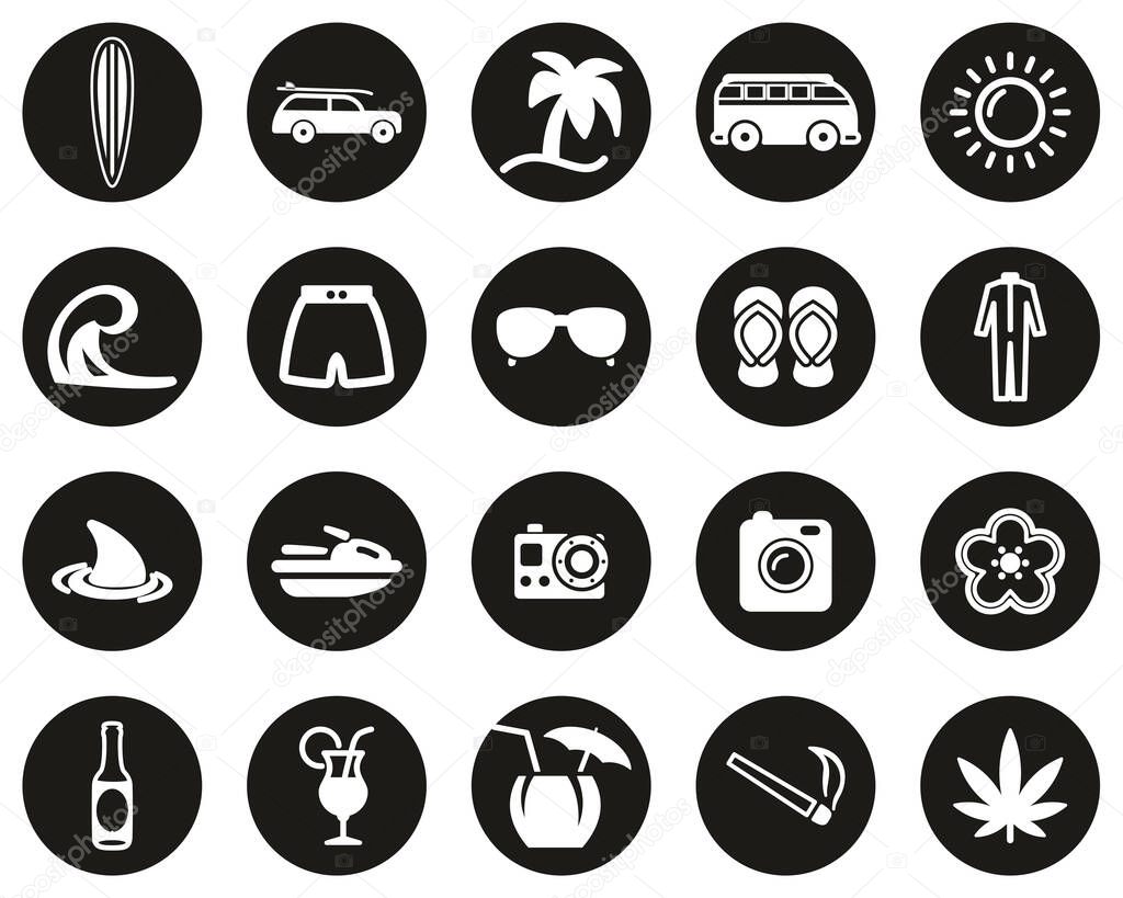 Surfing Sport & Lifestyle Icons White On Black Flat Design Circle Set Big