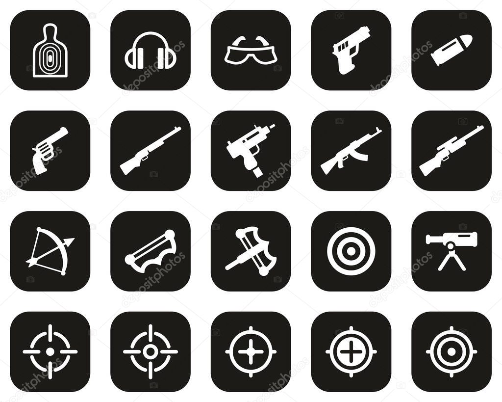 Shooting Range Icons White On Black Flat Design Set Big