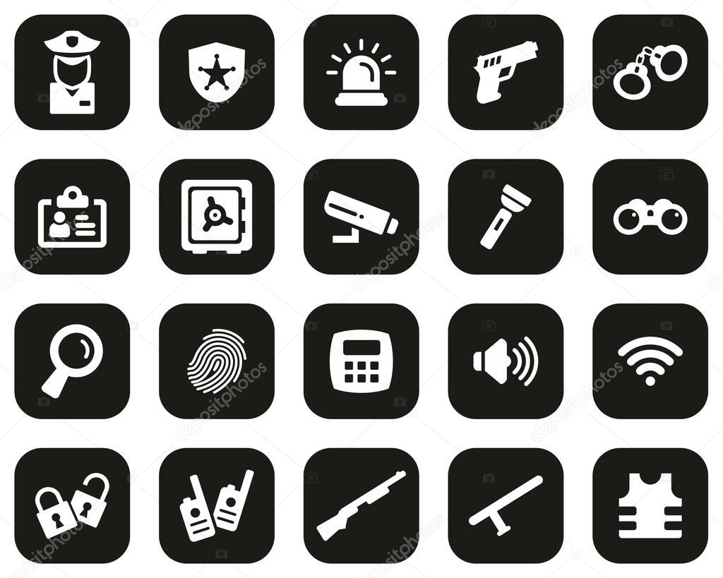 Security System & Equipment Icons White On Black Flat Design Set Big