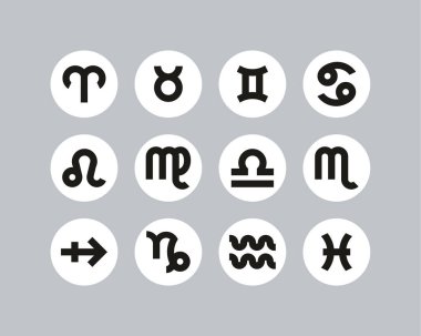 Zodiac Sembolleri Simgeleri Siyah & Beyaz Düz Tasarım Çemberi Büyük Ayarla