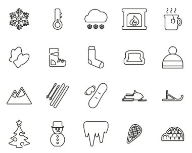 Kış Simgeleri Siyah & Beyaz İnce Çizgi Büyük Ayarlandı