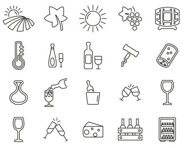 Şarap veya Şarap Simgeleri Siyah & Beyaz İnce Çizgi Büyük Ayarla