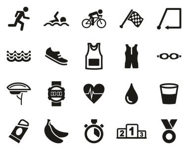 Triatlon Yarışı ve Ekipman Simgeleri Siyah & Beyaz Set Büyük