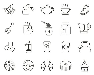 Çay veya Sıcak İçecek Simgeleri Siyah & Beyaz İnce Çizgi Büyük Ayarla