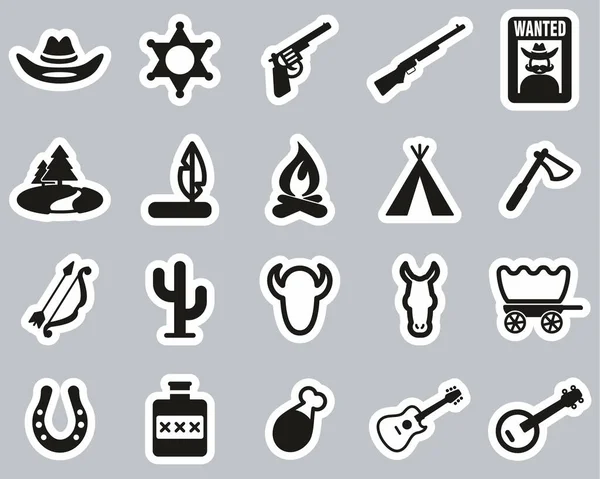 Conjunto Etiquetas Engomadas Blanco Negro Wild West Icons Big — Vector de stock