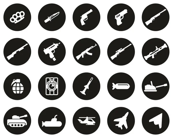 Iconos Armas Blanco Sobre Negro Plano Diseño Círculo Conjunto Grande — Vector de stock