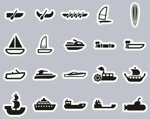 Boat Ship Icons Schwarz Weiß Aufkleber Set Big — Stockvektor