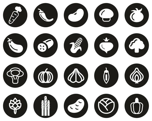 Iconos Vegetales Blanco Negro Plano Diseño Círculo Conjunto Grande — Vector de stock